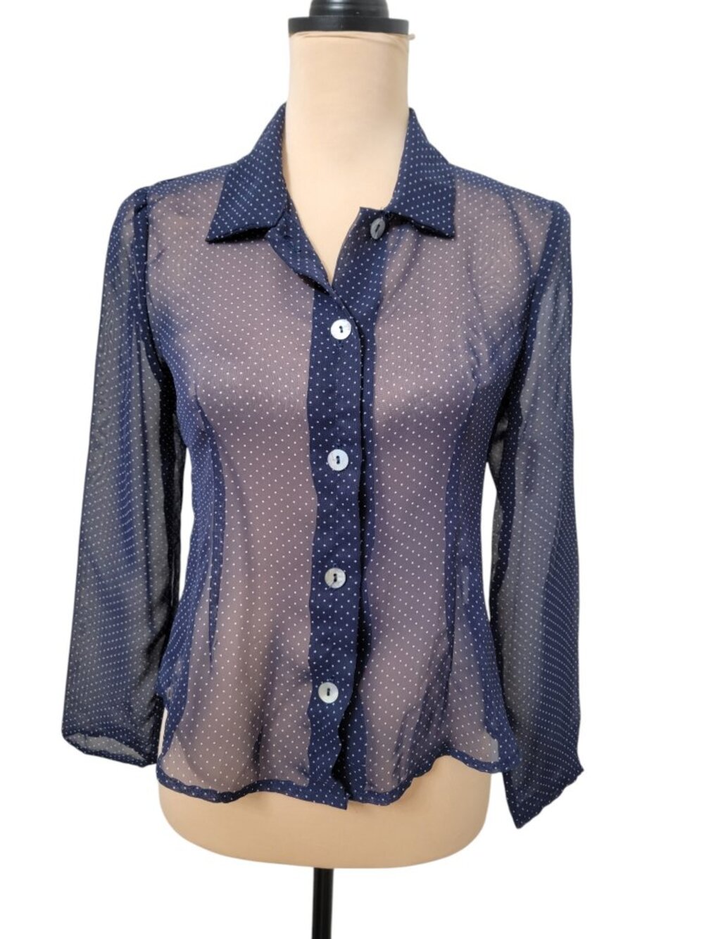 Hillard & Hanson Size 4 Navy Blue with White Polka Dot Sheer Long Sleeve Blouse